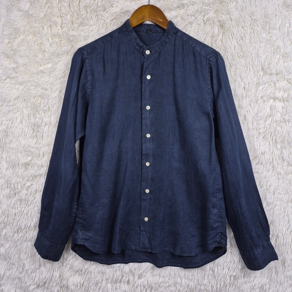 Muji Mens Navy Blue 100% Linen Grandad Band Collar Button Up Shirt Size M